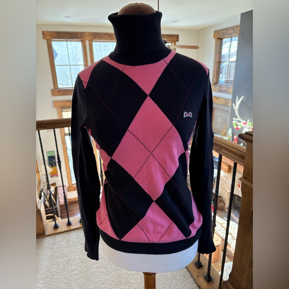 Vintage Le Tigre W’s Cotton Turtleneck Sweater Argyle Pink Black Sz M